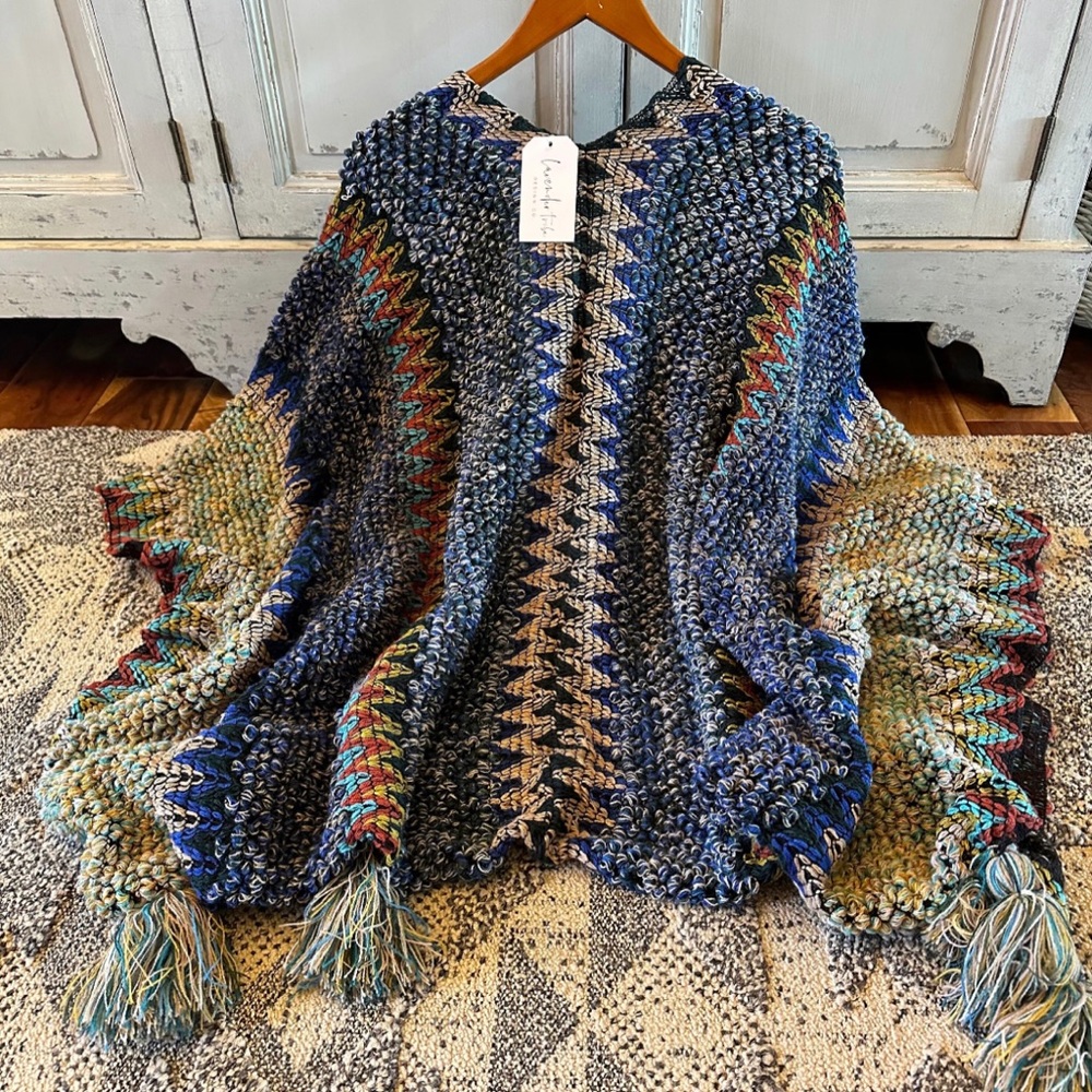 New Bohemian Loom Moroccan Knit Tasseled Blue Poncho Cardigan Sweater - Picture 8 of 11